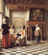 Pieter de Hooch An Interior,with a Woman Drinking with Two Men,and a Maidservant oil painting reproduction